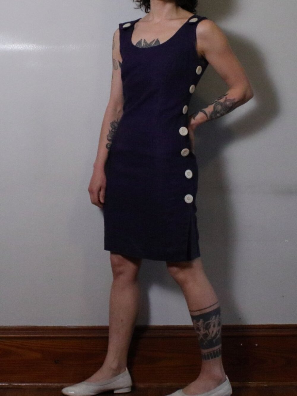 Vintage 90s Navy Blue Linen Sheath Dress 2